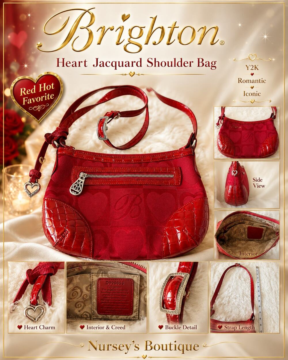 Brighton Red Heart Jacquard Shoulder Bag Patent Croc Trim Purse